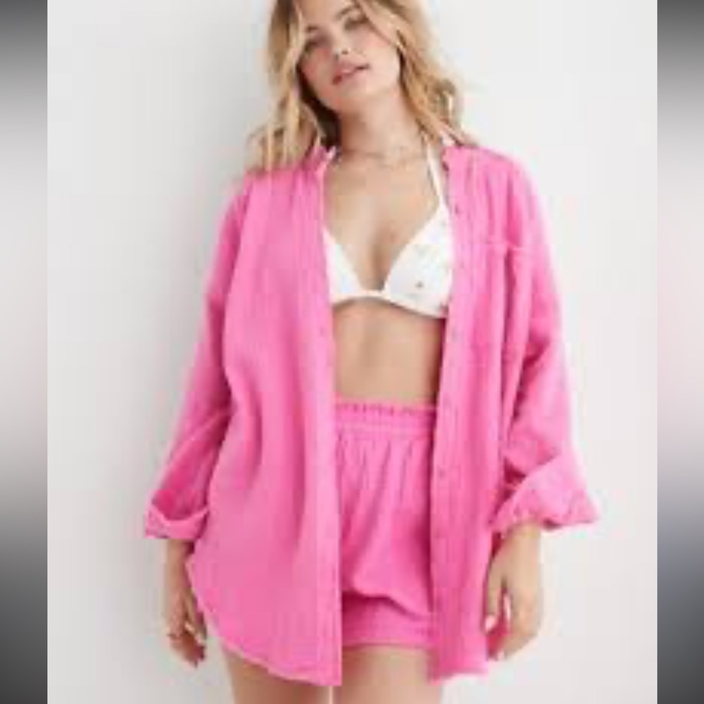 aerie Pink Button Down Gauze Shirt Coverup